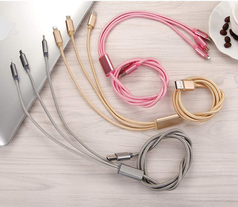 一拖三數(shù)據(jù)線 適用蘋果安卓Type-C鋁合金編織線 樂視三合一數(shù)據(jù)線