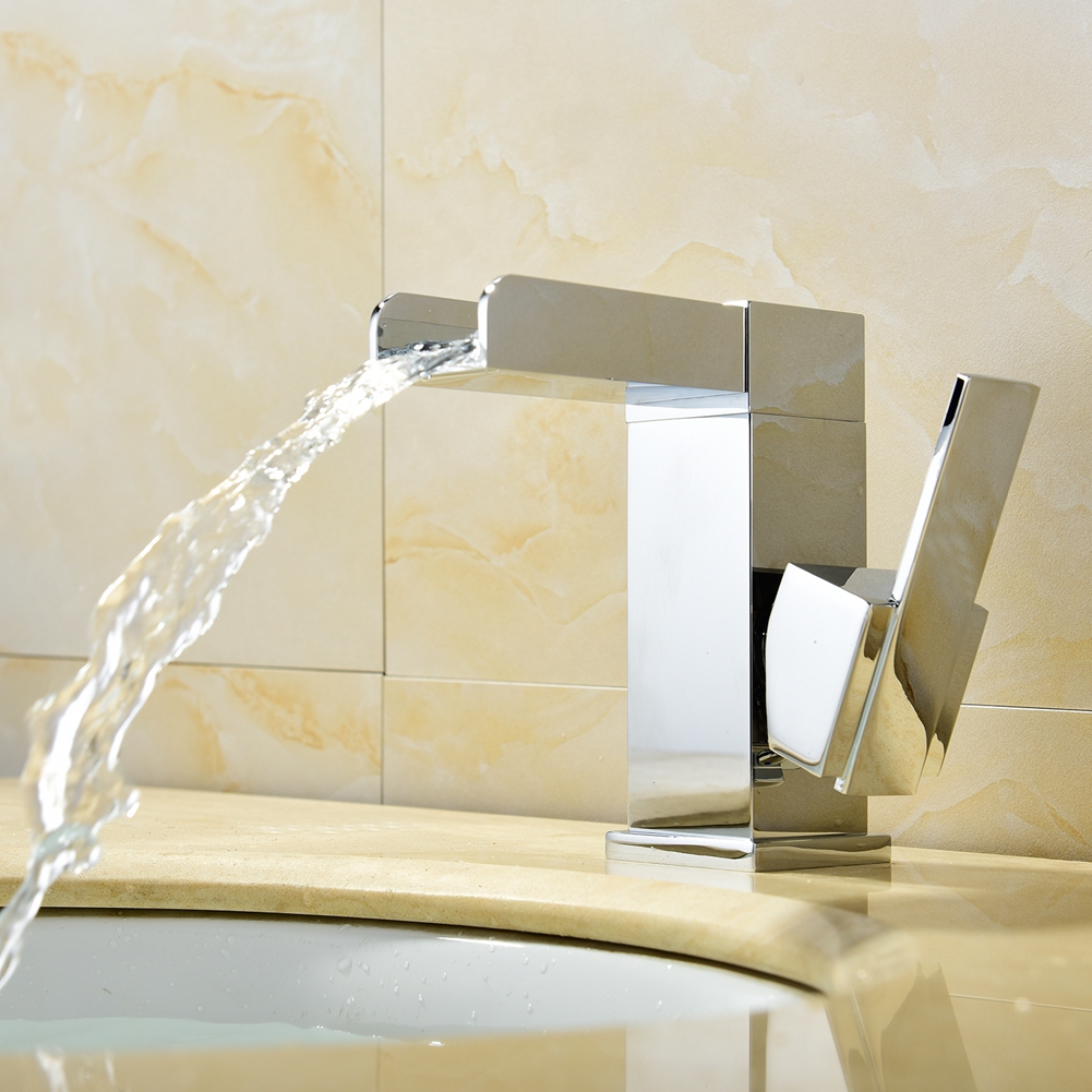 LED臺(tái)式瀑布面盆鉻色方形龍頭