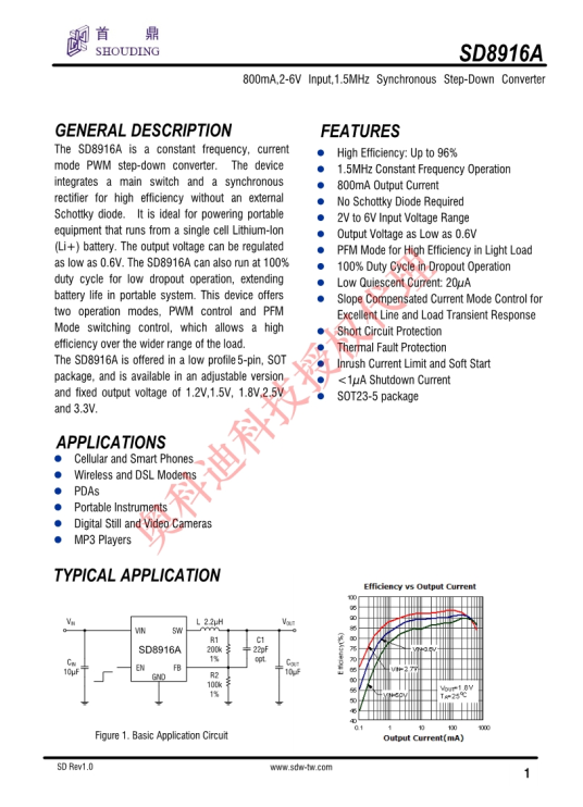 SD8916A.800mA 2-6V 1.5MHz 降壓芯片-首鼎半導(dǎo)體