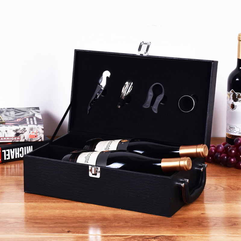 現(xiàn)貨鱷魚紋紅酒皮盒黑色雙支裝紅酒禮盒葡萄酒包裝盒