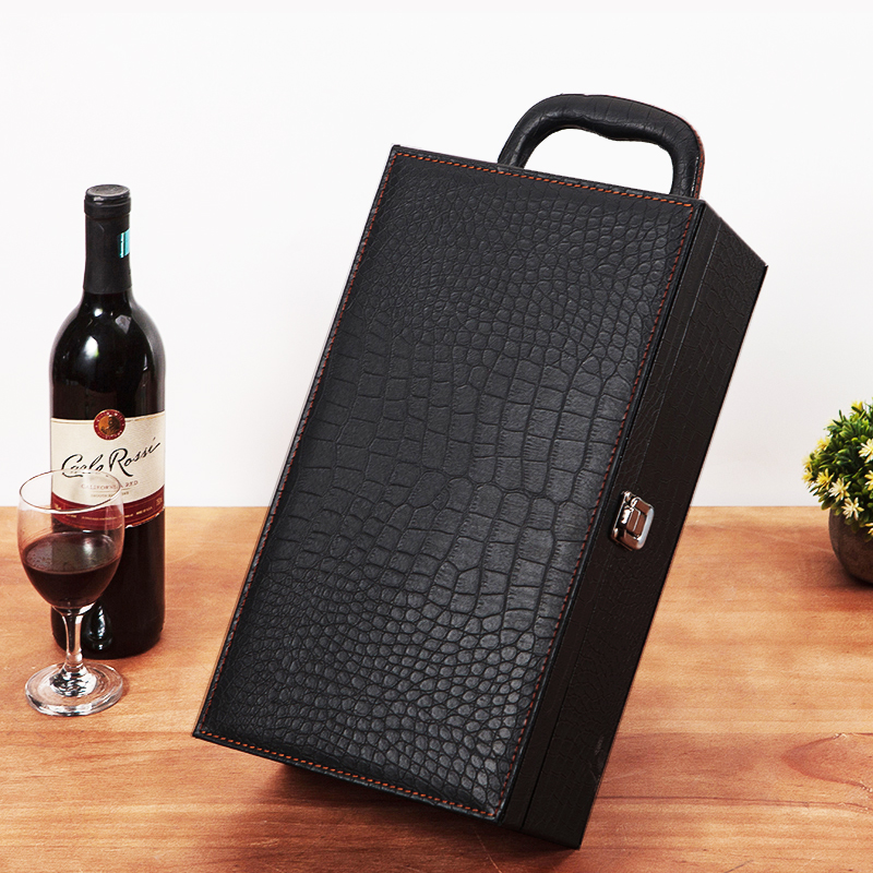 現(xiàn)貨鱷魚紋紅酒皮盒黑色雙支裝紅酒禮盒葡萄酒包裝盒