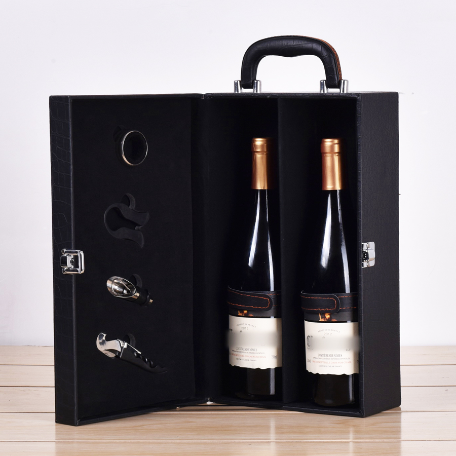 現(xiàn)貨鱷魚紋紅酒皮盒黑色雙支裝紅酒禮盒葡萄酒包裝盒