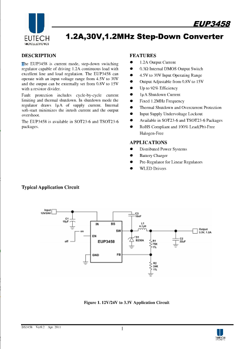 EUP3458VIR1-1.2A,30V,1.2MHz降壓型DC-DC變換器