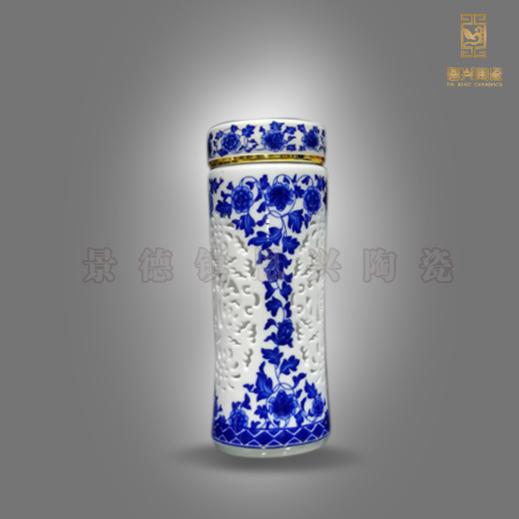 景德鎮(zhèn)陶瓷雙層保溫杯 青花瓷保溫杯 陶瓷貼金保溫杯