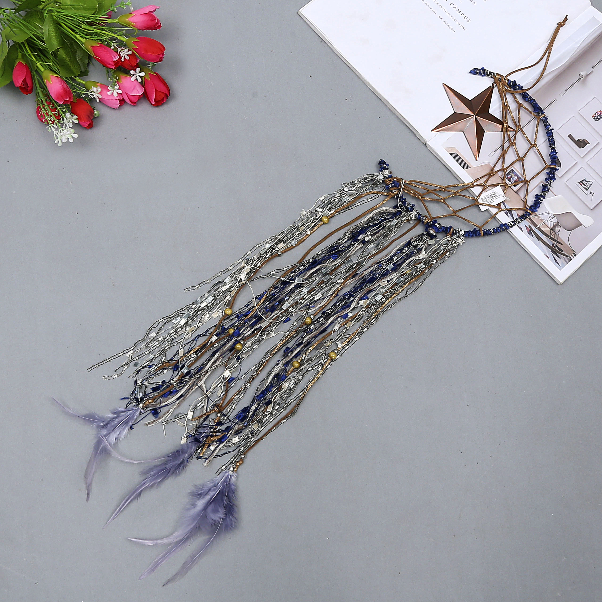 新款月亮捕夢網鈴鐺掛件  家居門飾工藝品 車掛飾手工風鈴 可批發(fā)款月亮捕夢網鈴鐺掛件