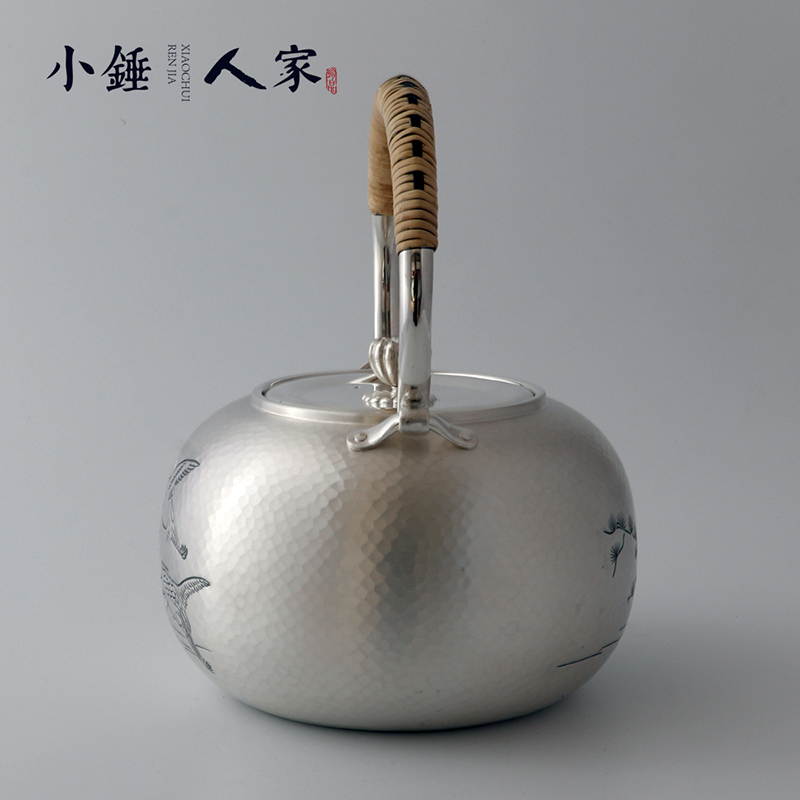 小錘人家純手工松鶴圖銀壺純銀茶壺?zé)畨嘏莶杈呒冦y茶具