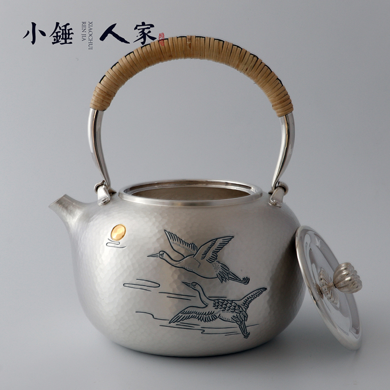 小錘人家純手工松鶴圖銀壺純銀茶壺?zé)畨嘏莶杈呒冦y茶具
