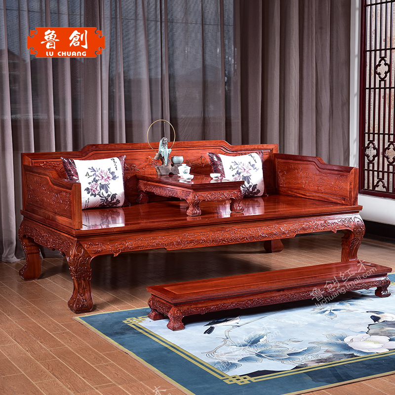 東陽紅木家具批發(fā)魯創(chuàng)紅木家具*花梨木大果紫檀 山水羅漢床