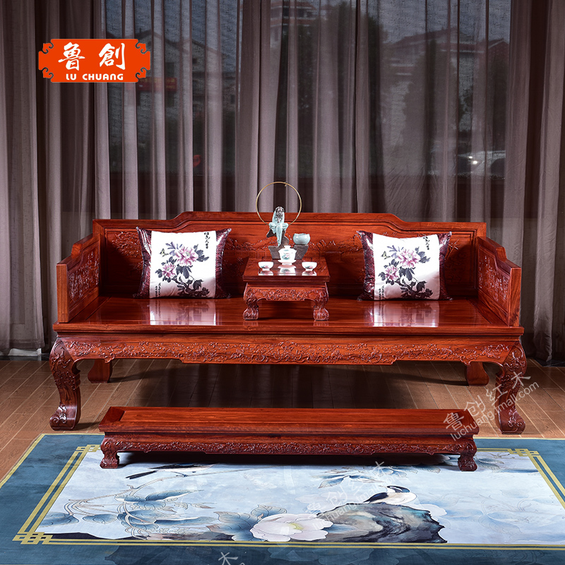 東陽紅木家具批發(fā)魯創(chuàng)紅木家具*花梨木大果紫檀 山水羅漢床