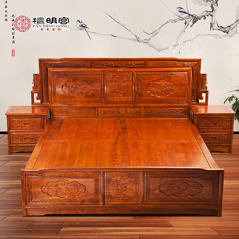 檀明宮大床檀明宮紅木家具*紫檀明式大床 古典中式實(shí)木床 一米八雙人婚床
