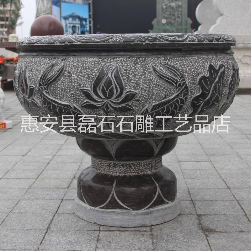 石雕水缸 芝麻黑仿古做舊流水魚缸雕塑庭院招財石缸擺件