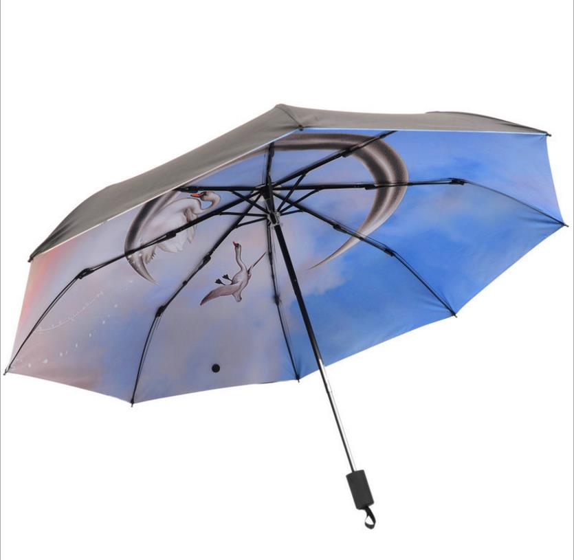三折疊晴雨兩用傘供應(yīng)商 創(chuàng)意新款數(shù)碼 印刷天鵝黑膠加固防風(fēng) 遮陽(yáng)* 三折疊晴雨兩用傘