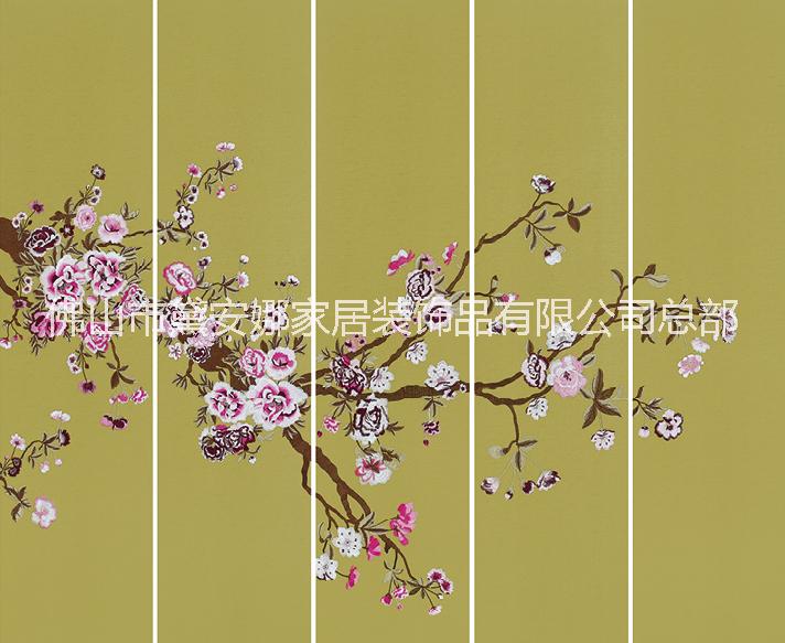 輕奢刺繡背景墻新中式刺繡硬包背景墻 新中式刺繡墻布背景墻 新中式刺繡墻布硬包背景墻 新中式刺繡硬包電視背景墻