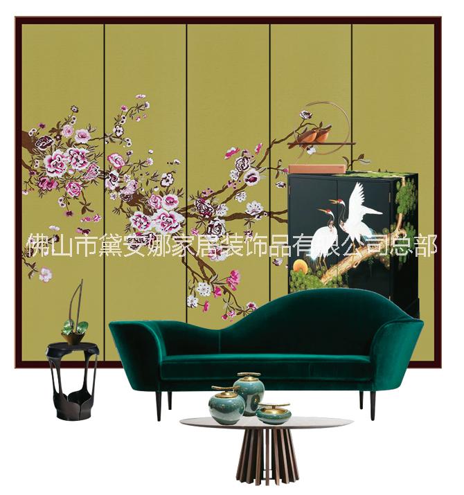 輕奢刺繡背景墻新中式刺繡硬包背景墻 新中式刺繡墻布背景墻 新中式刺繡墻布硬包背景墻 新中式刺繡硬包電視背景墻