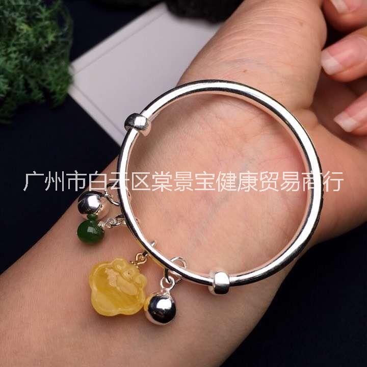 寶寶銀鐲子手鐲，嬰兒足銀S990寶寶鑲嵌天然蜜蠟立體如意手鐲
