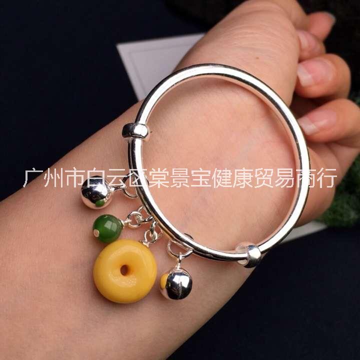 寶寶銀鐲子手鐲，嬰兒足銀S990寶寶鑲嵌天然蜜蠟立體如意手鐲