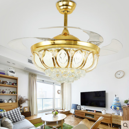 天貓精靈語音智能控制隱形風(fēng)扇燈餐廳水晶吊扇燈家用帶電風(fēng)扇吊燈