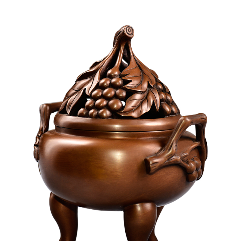葡萄蓋三足爐純銅香爐紫銅香熏爐佛堂家居香道銅花格柵