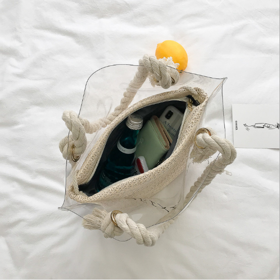 pvc透明包包2019新款夏天ins百搭單肩復(fù)古沙灘大容量手提草編女包