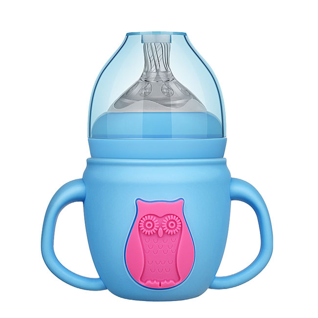 寬口玻璃奶瓶寶寶奶瓶帶硅膠套帶手柄吸管嬰幼兒童奶瓶批發(fā)   帶硅膠套防爆玻璃奶瓶