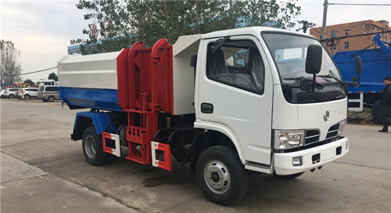 5方掛桶自卸垃圾車，5方能上戶的掛桶垃圾車廠家，東風小多利卡掛桶垃圾車配置，東風福瑞卡自裝卸垃圾車圖片