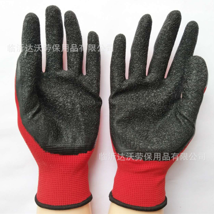 正 品左右手380-1紅紗黑尼龍乳膠皺紋防滑耐磨浸膠勞保防護(hù)手套