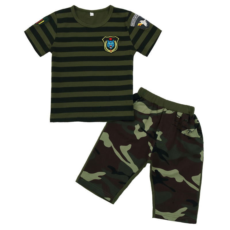 2019兒童夏令營迷彩服短袖短褲套裝小學(xué)生條紋迷彩表演服