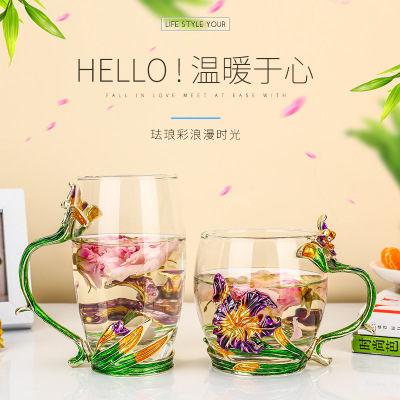 創(chuàng)意琺瑯彩水杯牛奶杯套裝辦公室女花茶杯琺瑯彩會銷禮品杯