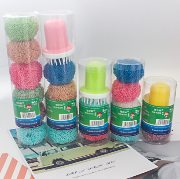 廚房不傷鍋刷納米纖維清潔球纖維鋼絲球組合裝納米清潔球帶手柄批發(fā)