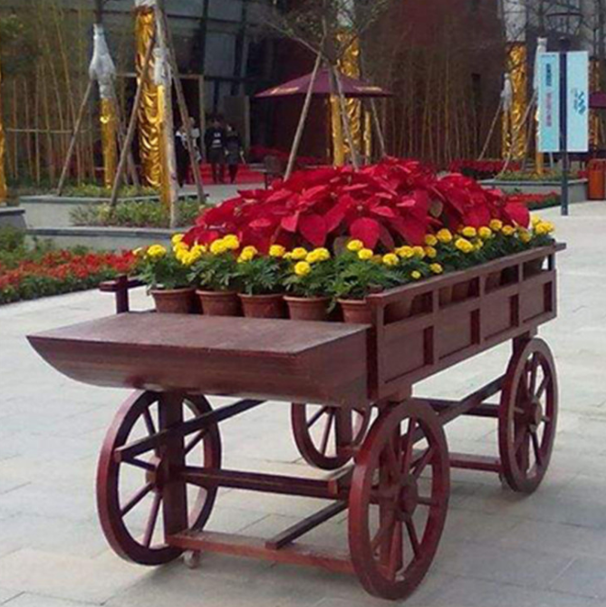 景觀花車防腐木花車休閑花箱花盆木制四輪花車廠家直銷來(lái)樣定制