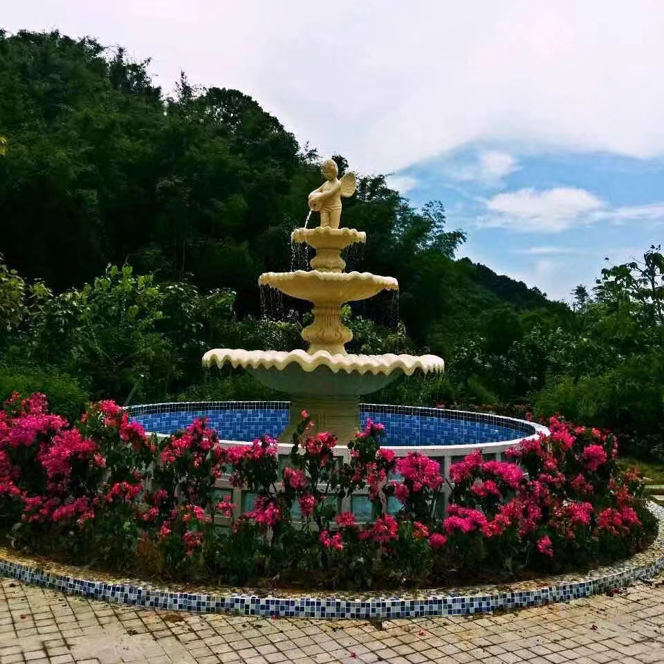 直徑2.5米帶天使噴泉仿砂巖噴泉水景雕塑砂巖水缽