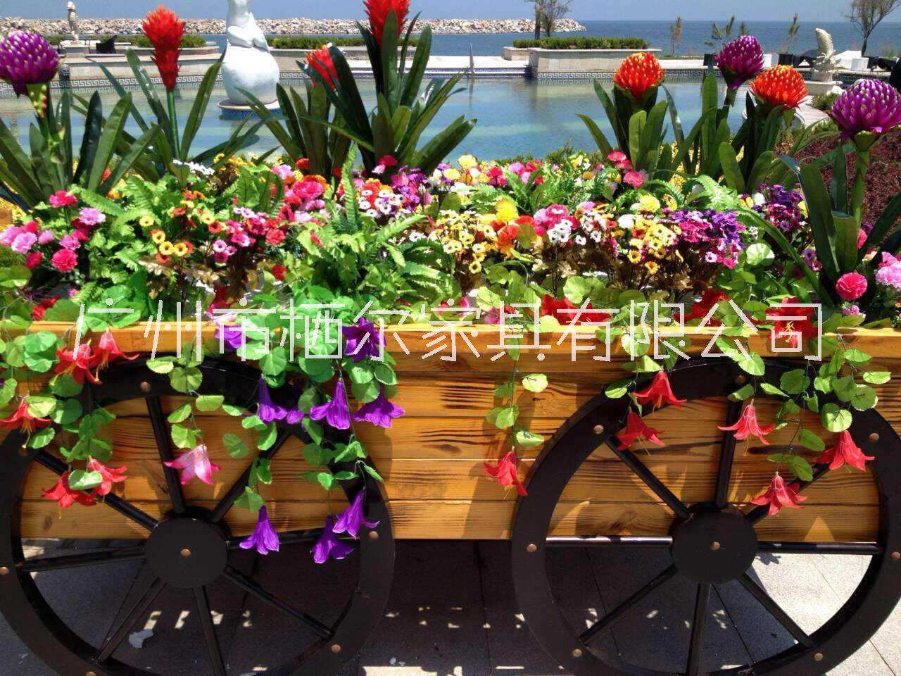 促銷花車防腐木花車木制花園庭院花箱花車花架實(shí)木花盆景觀花車