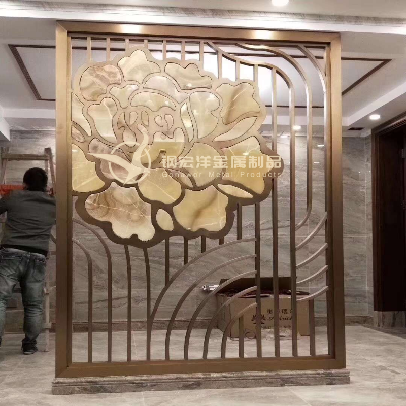 不銹鋼屏風易黃鈦金裝飾鏤空雕花客廳隔斷屏風玄門