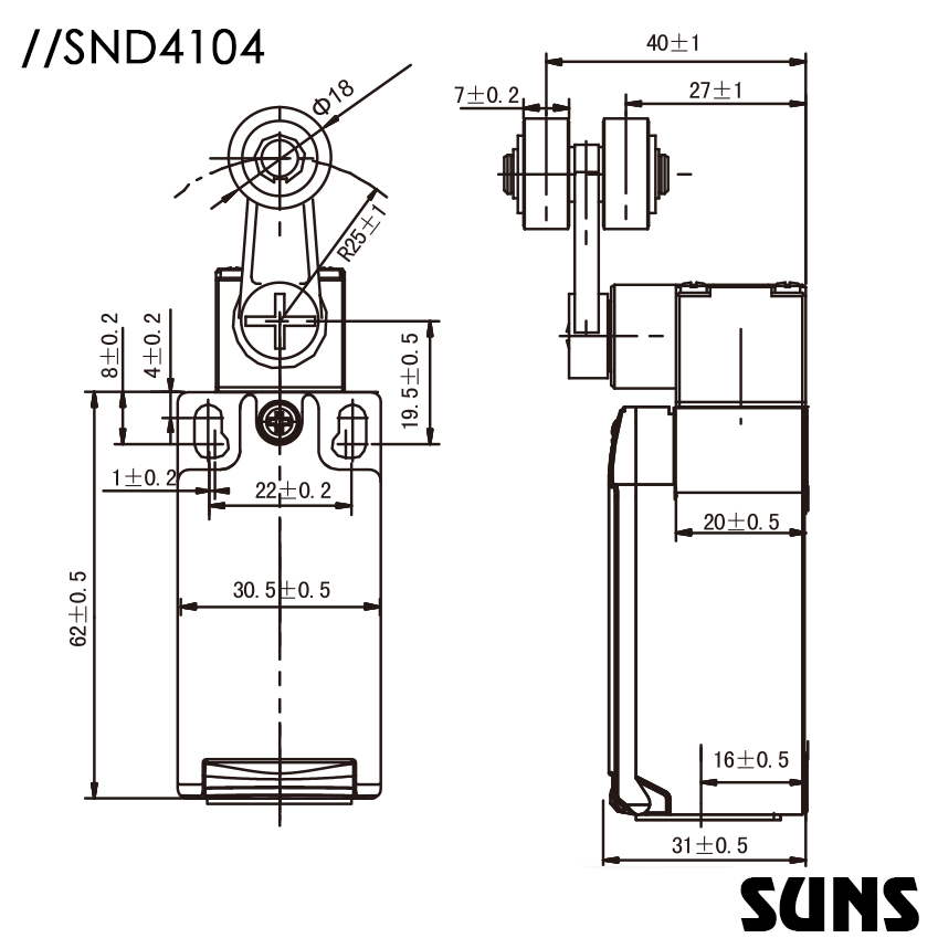 供應(yīng)SUNS美國三實(shí)塑料殼體金屬滾輪SND4104-SP-C安全限位開關(guān)