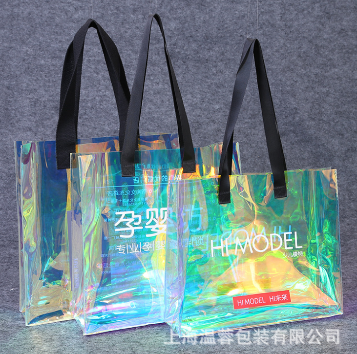 批發(fā)幻彩鐳射pvc購物 七彩手提袋 塑料防水鐳射單肩袋 可定制