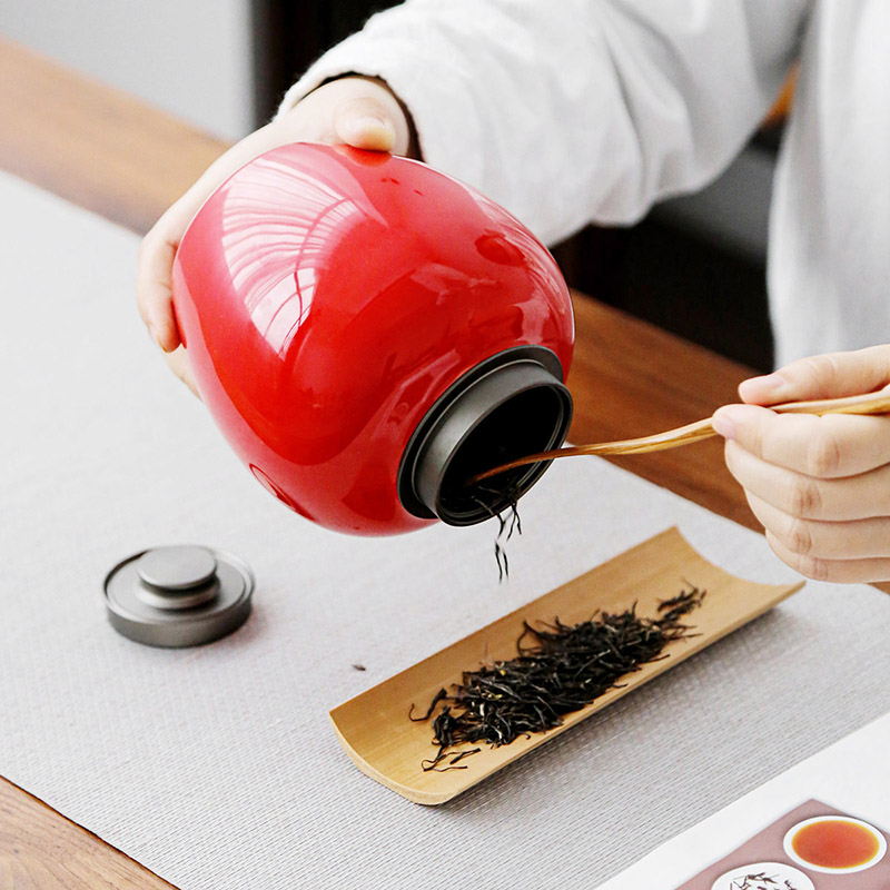 紅色茶葉罐陶瓷錫蓋檀木蓋密封罐普