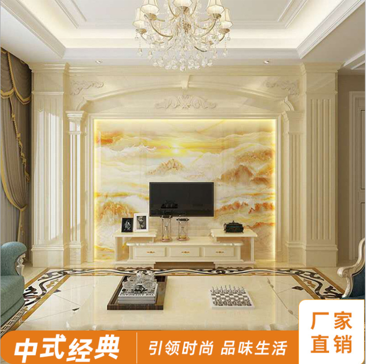 石材歐式羅馬柱滲墨大板電視背景墻@高溫微晶石材羅馬柱瓷磚影視墻定制