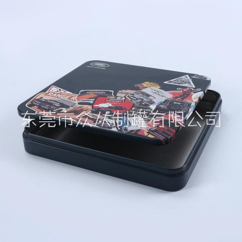 廠家定制正方形扣底縮口鐵盒，電子產(chǎn)品包裝鐵盒，車貼包裝鐵盒