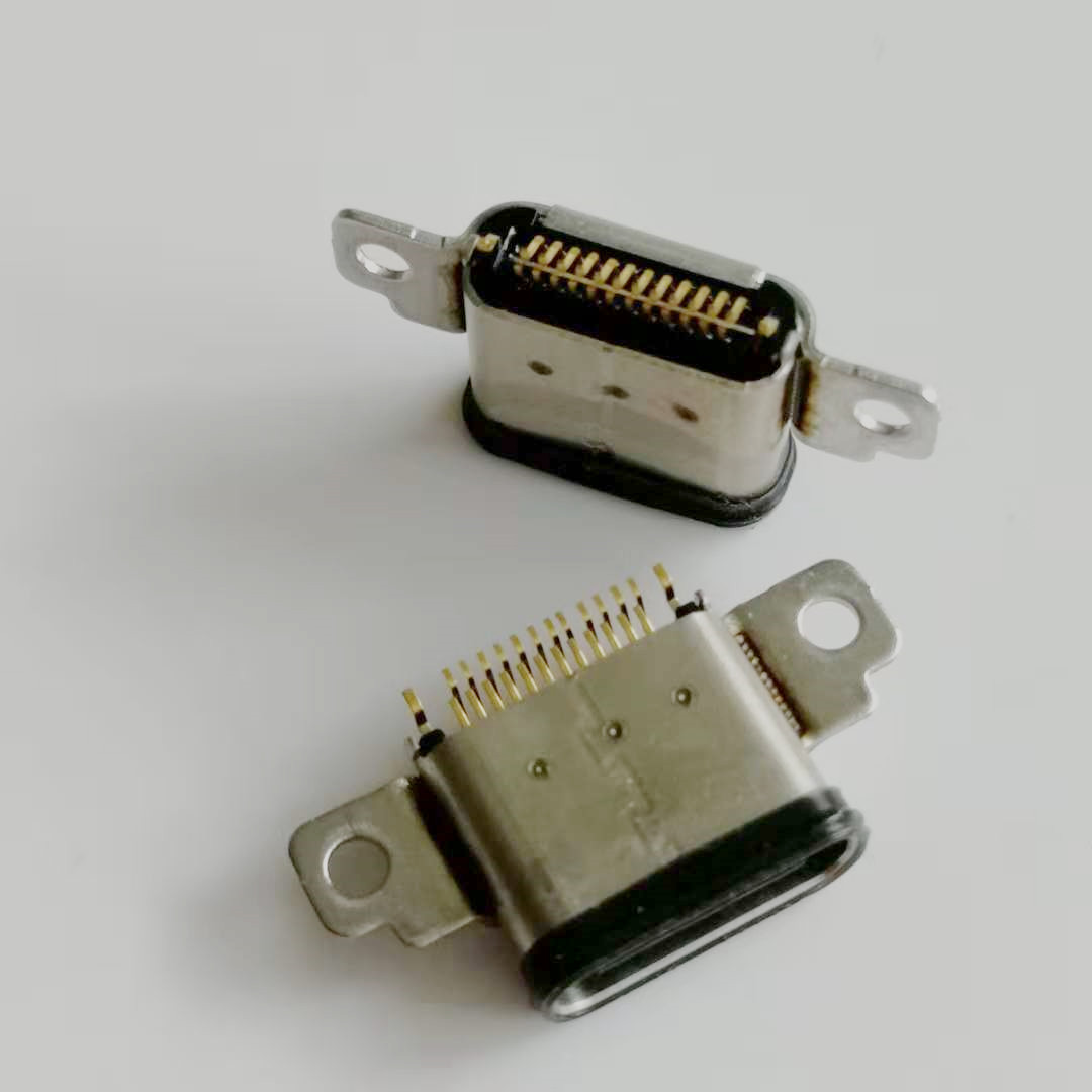 USB 3.1 TYPE-C防水母座 沉板貼片式 16PIN 帶雙耳螺絲定位孔 帶防水膠圈