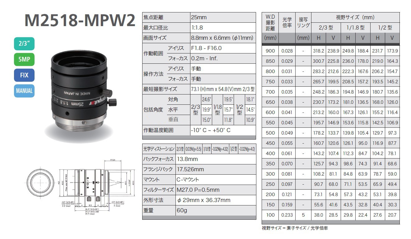 Computar工業(yè)鏡頭康標(biāo)達(dá)M2528-MPW3M3528-MPW3M5028-MPW3