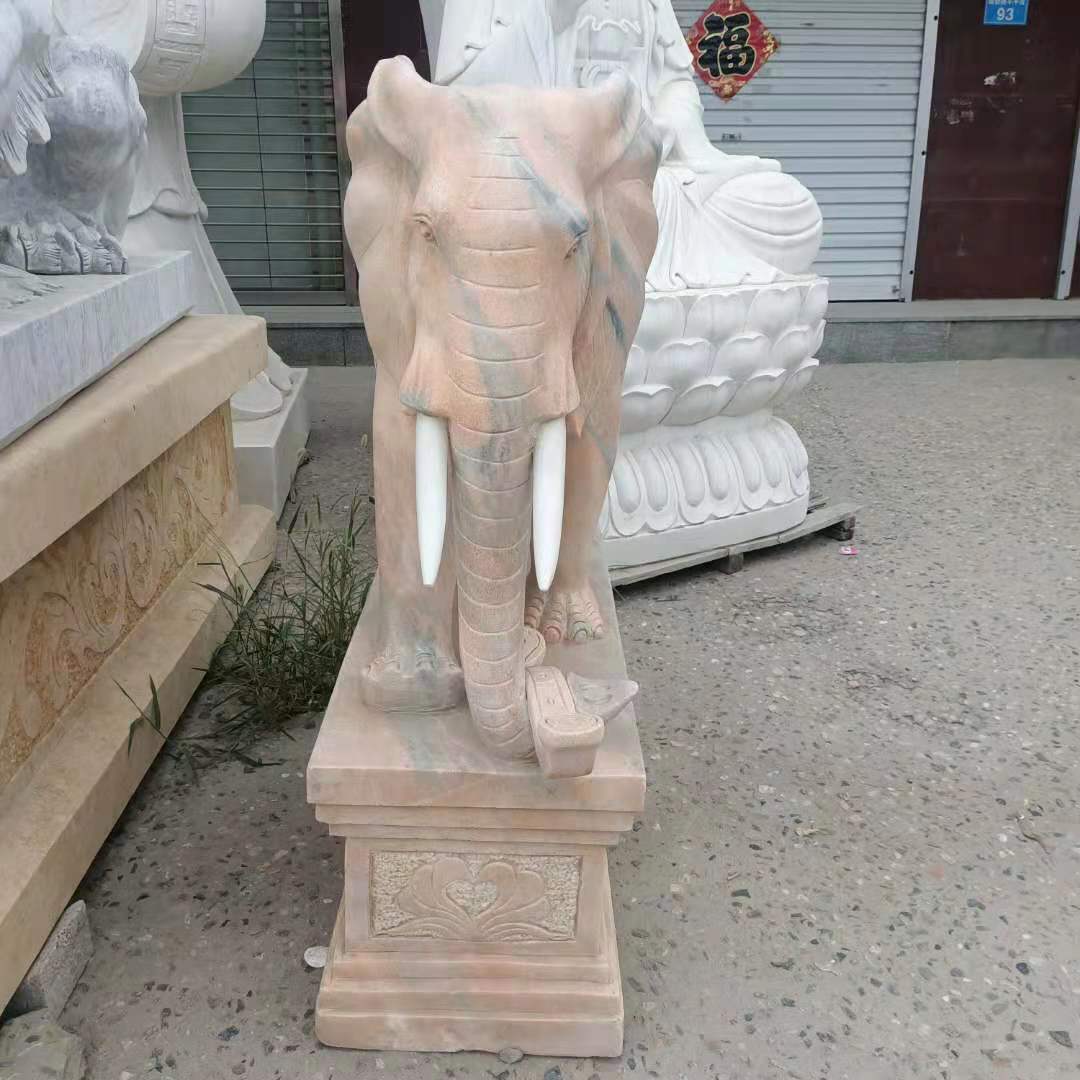 石雕大象漢白玉晚霞紅石象一對鎮(zhèn)宅酒店門口招財吸水象