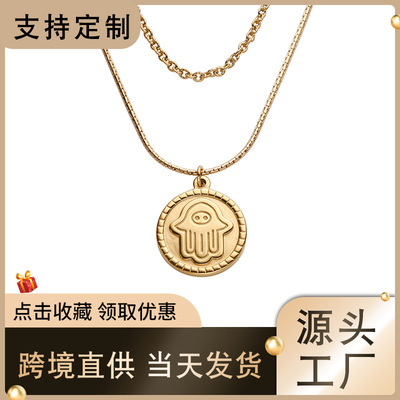 歐美首飾 不銹鋼圖紋手掌配飾 創(chuàng)意疊戴潮流鈦鋼項鏈