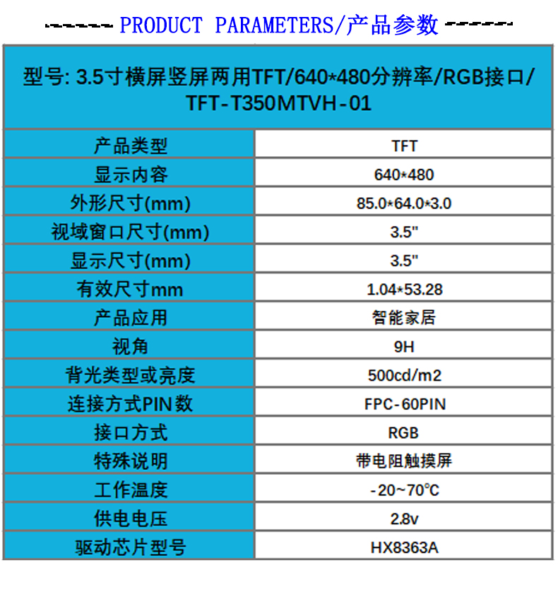 鑫洪泰顯示屏RGB接口3.5寸橫屏豎屏兩用TFT/640*480分辨率TFT廠家