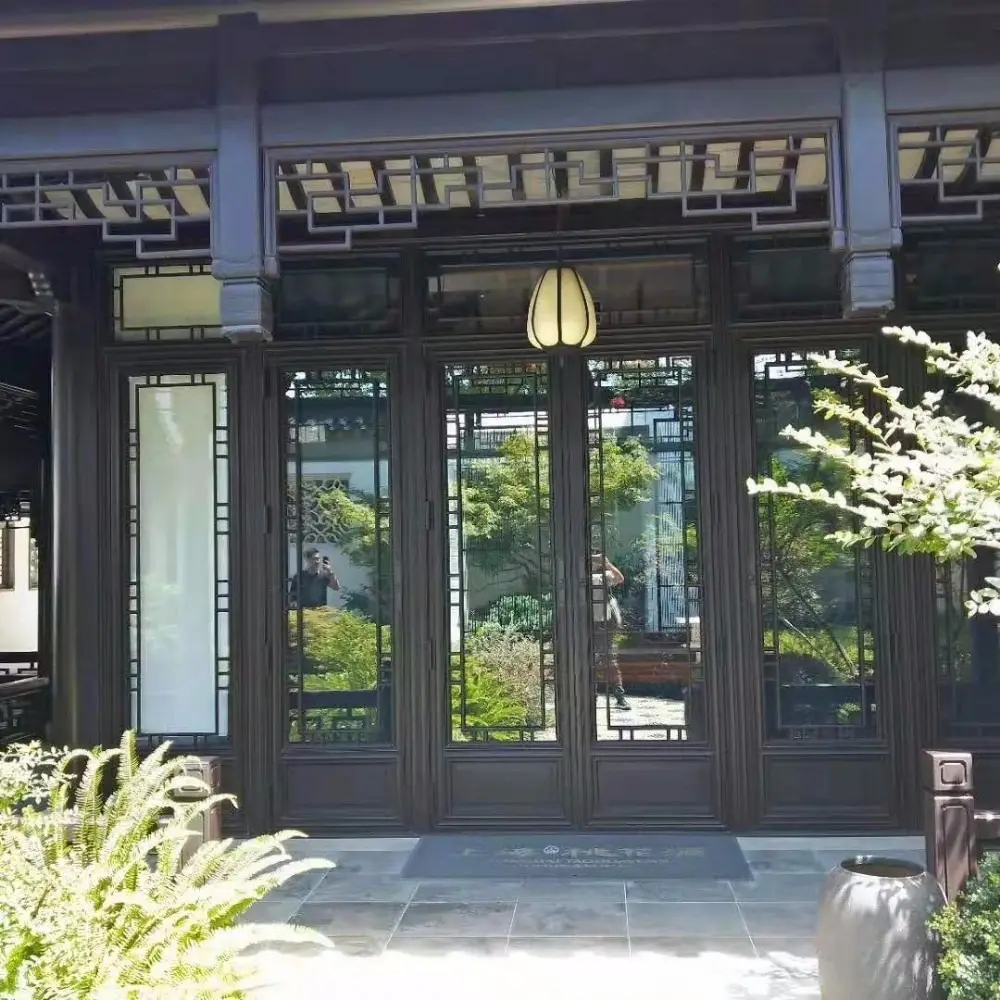 宅韻廠家生產(chǎn)仿古窗鋁合金格條木紋中式臥室客廳庭院花園陽臺落地窗