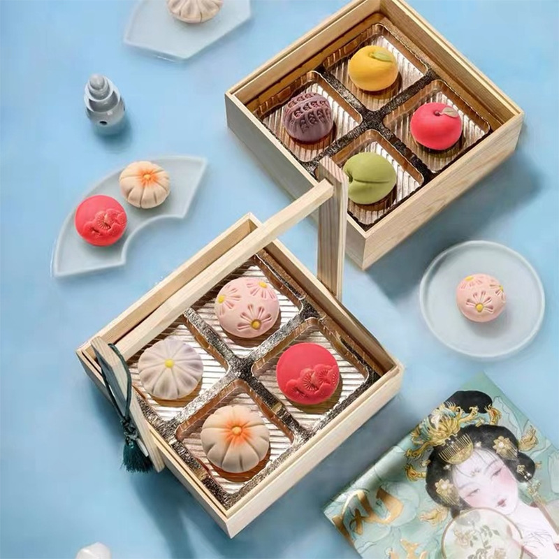 月餅竹木提盒 點心收納木盒 中秋節(jié)禮盒 零食盒分格木質(zhì)手提籃
