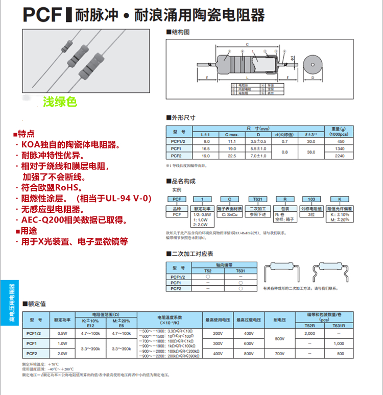 KOA陶瓷復(fù)合電阻器PCF2C274K 2W 270Kohm 10%