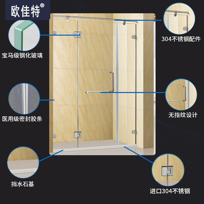 廣州衛(wèi)生間干濕分離玻璃門廠家  佛山酒店工程淋浴房一字形隔斷廠家定制