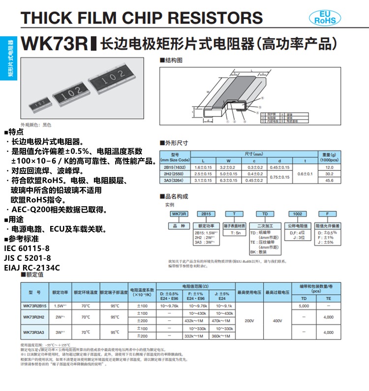KOA長(zhǎng)邊極電阻 WK73R2BTTD20R0F高功率矩形片式