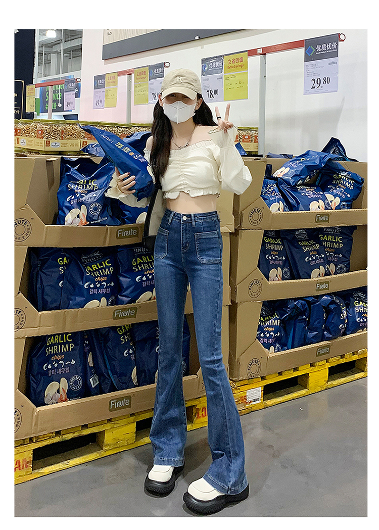 美式復古藍高腰顯瘦喇叭牛美式復古藍高腰顯瘦喇叭牛仔褲女闊腿拖地做舊棕色褲子4仔褲女闊