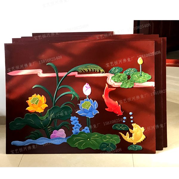 佛堂裝飾畫 木雕壁畫 彩繪護墻板 寺廟吊頂板 荷花 魚 蓮花 仙鶴